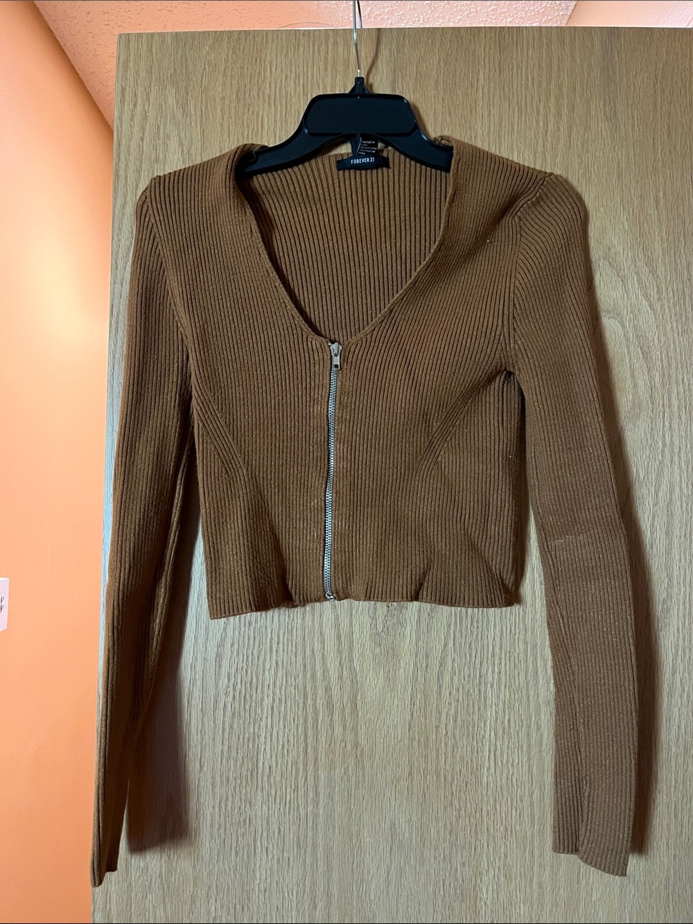 Forever 21 Brown Ribbed Zip-Front Crop Top